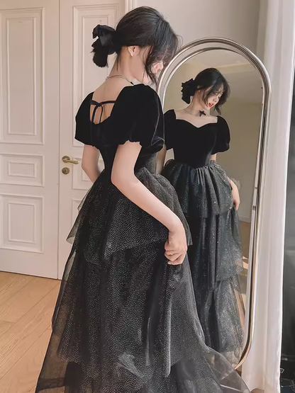 black puffy dresses prom Sexy Black Glitter Puffy Sleeve Evening Dresses High Waist Split Prom Gowns