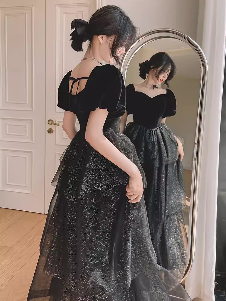 Ball Gown Black Prom Dress With Puffy Sleeves Long Prom Dresses P529