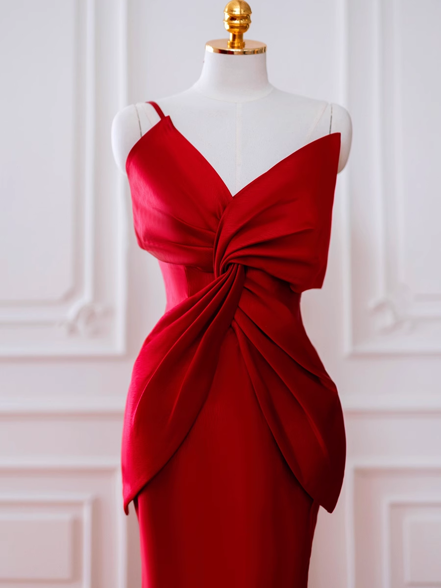 Simple One Shoulder Ruffles Red Satin Long Prom Dresses P510