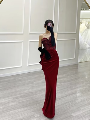 Sexy Meerjungfrau Sweetheart Samt Bordeaux Langes Ballkleid P568