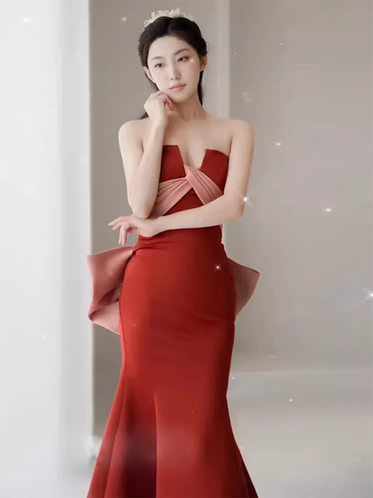Robe de bal sirène en satin rouge rouille, longues robes de bal P551