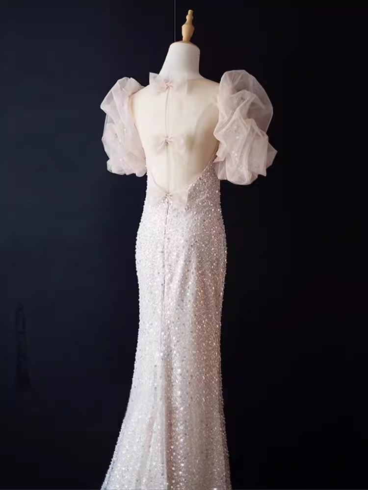 Sparkly Mermaid Sleeveless Sequin Light Pink Long Prom Dress P525