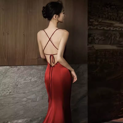 Sexy Meerjungfrau Seidensatin Burgund Ballkleid Lange Ballkleider P552