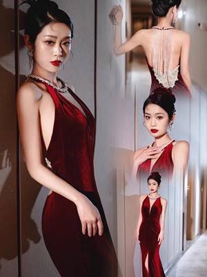 Luxus Meerjungfrau Samt Abendkleid Rot Langes Ballkleid P556