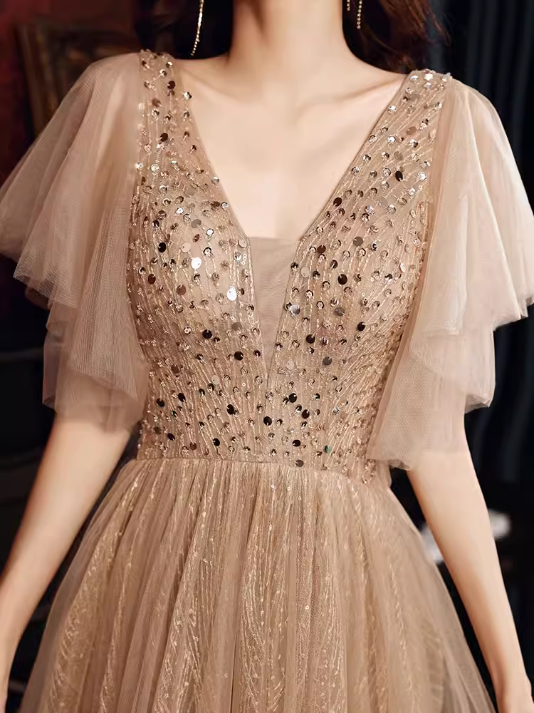 Charming A line Champagne Prom Dress With Puffy Sleeves Long Prom Dres PreppyDress Charming A line Champagne Prom Dress With Puffy Sleeves Long Prom Dres PreppyDress