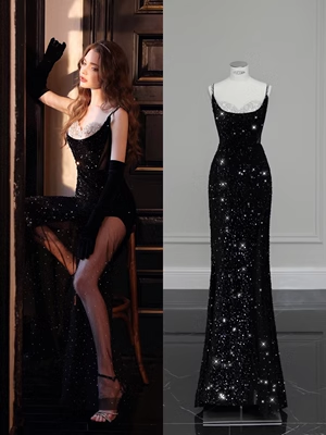 Luxus Meerjungfrauen-Pailletten-Abendkleid Schwarz Langes Ballkleid P557