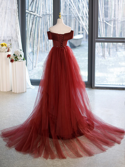 Meerjungfrau V-Ausschnitt Satin langes bordeauxrotes Ballkleid mit Schleife P575