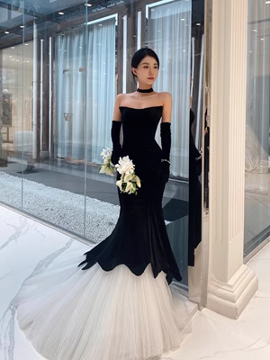 Luxury Mermaid Velvet Evening Dress Black Long Prom Dress With Gloves PreppyDress Luxury Mermaid Velvet Evening Dress Black Long Prom Dress With Gloves PreppyDress