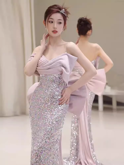 Meerjungfrau Prinzessin Pailletten Flieder Ballkleid Lange Ballkleider P549