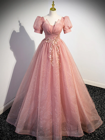 Belle Robe de Bal Longue en Tulle Rose à Manches Courtes P619