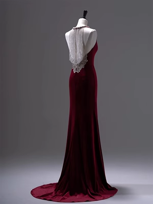 Luxus Meerjungfrau Samt Abendkleid Rot Langes Ballkleid P556