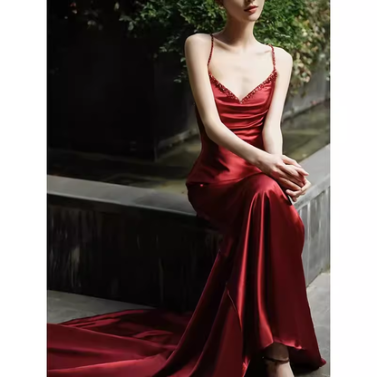 Sexy Meerjungfrau Seidensatin Burgund Ballkleid Lange Ballkleider P552