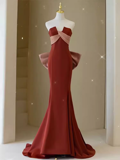 Robe de bal sirène en satin rouge rouille, longues robes de bal P551