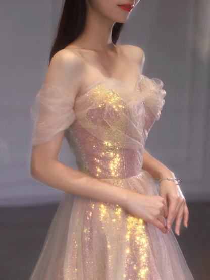 Sexy A-Linien Off-Shoulder-Ballkleider mit Ärmeln, langes Abschlussballkleid P516