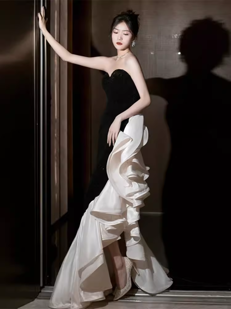 Mermaid Sweetheart Black Satin Prom Dress Long Prom Dresses P542
