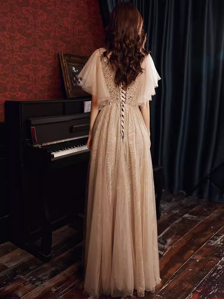 Charming A line Champagne Prom Dress With Puffy Sleeves Long Prom Dres – PreppyDress