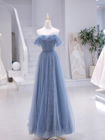Robe de bal longue en tulle bleu sans bretelles coupe trapèze P620