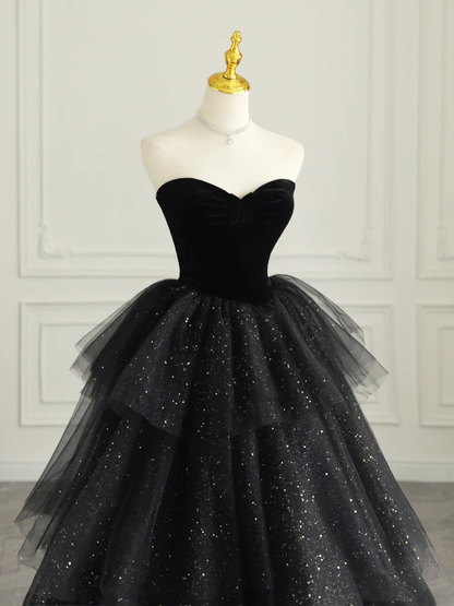 Robe de soirée longue noire sans bretelles en tulle et velours P624
