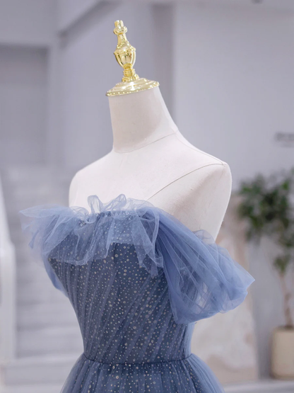 Robe de bal longue en tulle bleu sans bretelles coupe trapèze P620