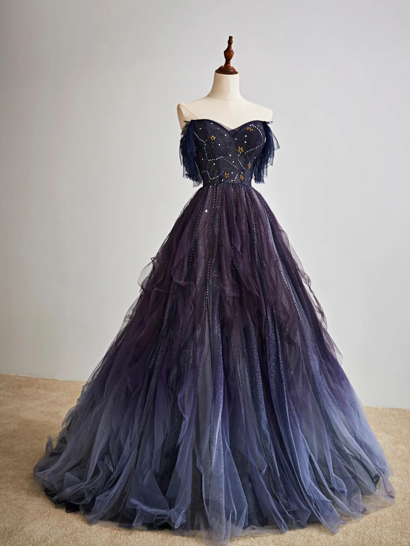 Purple Gradient Tulle Long Sleeves Straps Prom Dress Party Dress, A-line Tulle Formal Dresses