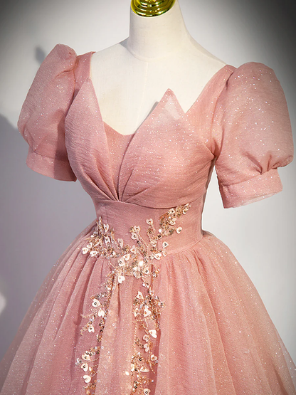 Belle Robe de Bal Longue en Tulle Rose à Manches Courtes P619