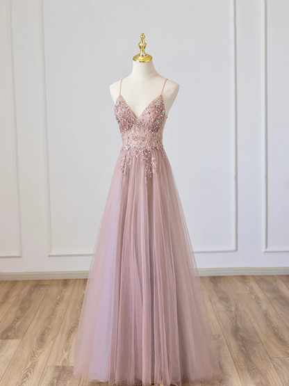 Pinkes V-Ausschnitt Tüll Abiballkleid mit Perlen P675