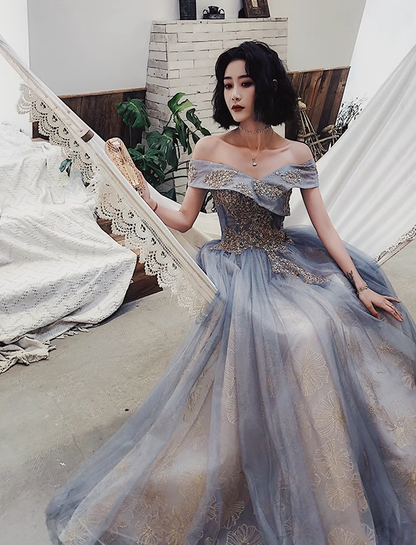 Sexy A line Off The Shoulder Gray Blue Prom Dresses Lace Long Prom Gown P517
