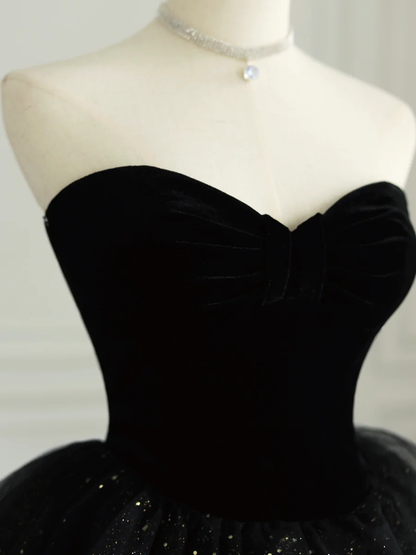 Robe de soirée longue noire sans bretelles en tulle et velours P624