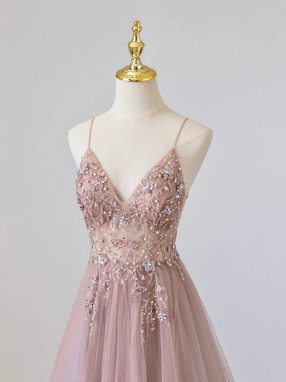 Pinkes V-Ausschnitt Tüll Abiballkleid mit Perlen P675