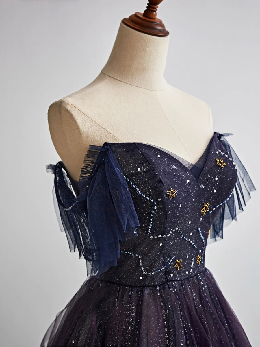 Straps Long A-line Gradient Unique Sequin Tulle Prom Dresses