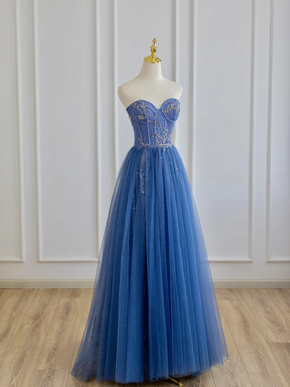 Robe de bal longue en tulle bustier bleu ligne A avec perles P622