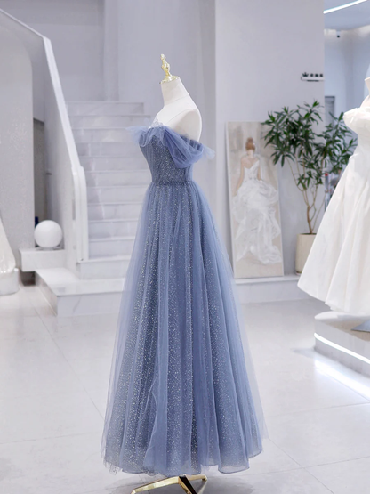 Robe de bal longue en tulle bleu sans bretelles coupe trapèze P620