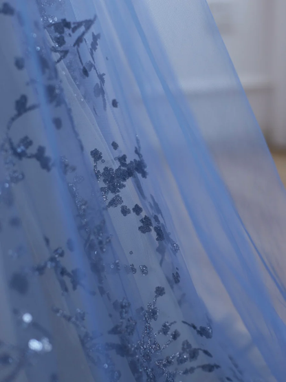 Robe de bal longue en tulle bustier bleu ligne A avec perles P622