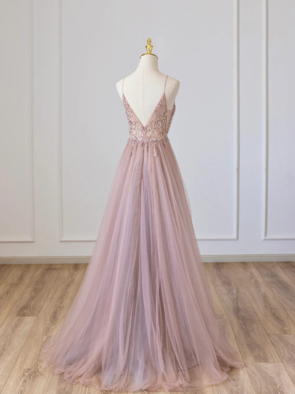 Pinkes V-Ausschnitt Tüll Abiballkleid mit Perlen P675