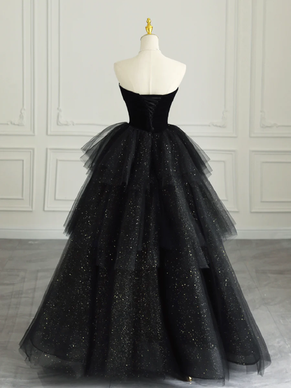 Robe de soirée longue noire sans bretelles en tulle et velours P624