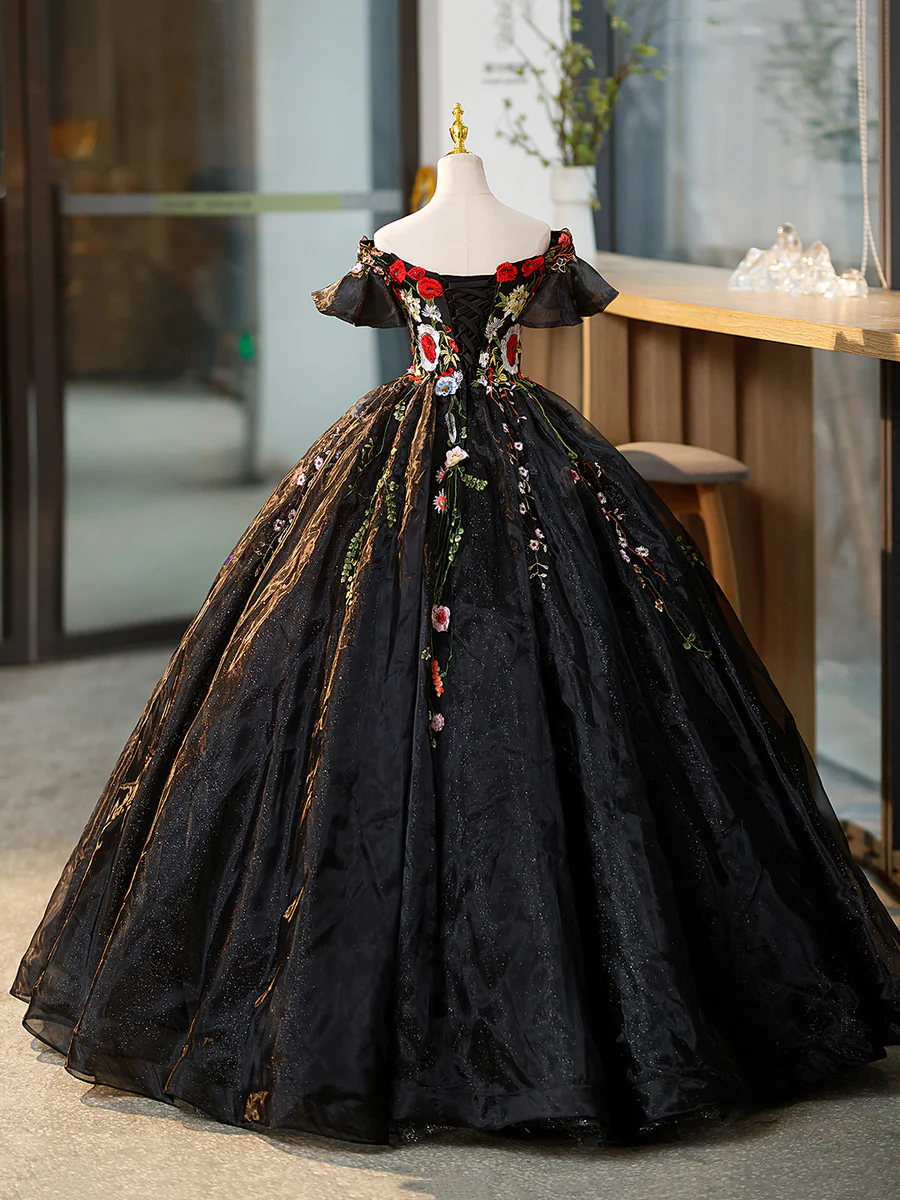 Ball Gown Black Tulle Long Prom Dress with Lace Flowers P590 PreppyDress Ball Gown Black Tulle Long Prom Dress with Lace Flowers P590 PreppyDress