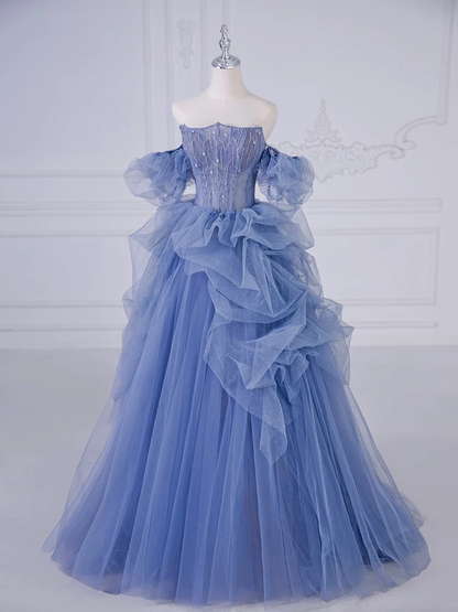 Robe de bal longue bleue en tulle perlé ligne A P626
