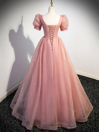 Belle Robe de Bal Longue en Tulle Rose à Manches Courtes P619