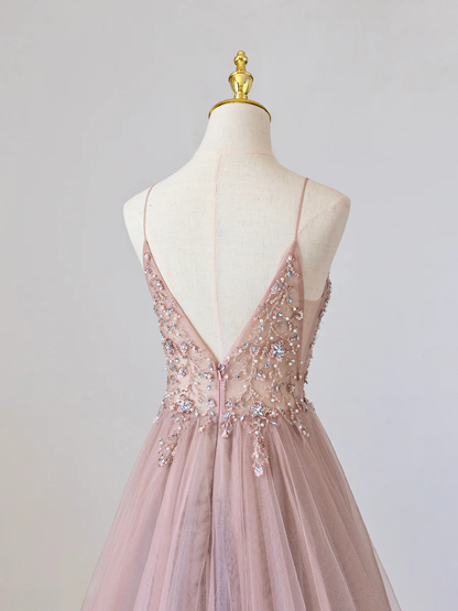 Pinkes V-Ausschnitt Tüll Abiballkleid mit Perlen P675