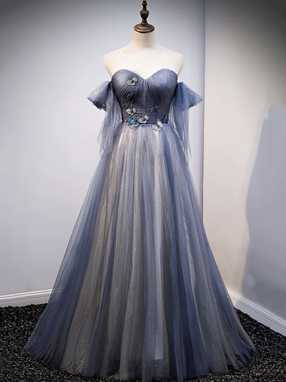 Robe de soirée en tulle bleu avec dentelle pour bal de promo P629