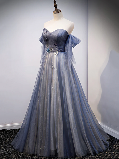 Robe de soirée en tulle bleu avec dentelle pour bal de promo P629