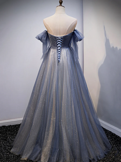 Robe de soirée en tulle bleu avec dentelle pour bal de promo P629