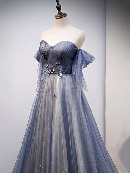 Robe de soirée en tulle bleu avec dentelle pour bal de promo P629