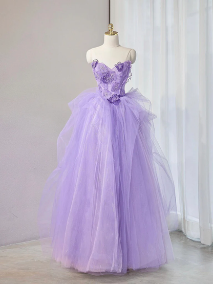 Robe de bal longue lilas A-Line en tulle avec applications de dentelle et col cœur P633