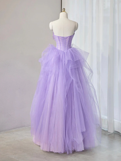 Robe de bal longue lilas A-Line en tulle avec applications de dentelle et col cœur P633