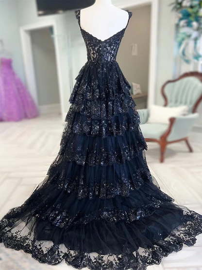 Robe de bal longue bleu marine en tulle et paillettes avec col bustier et coupe trapèze P631