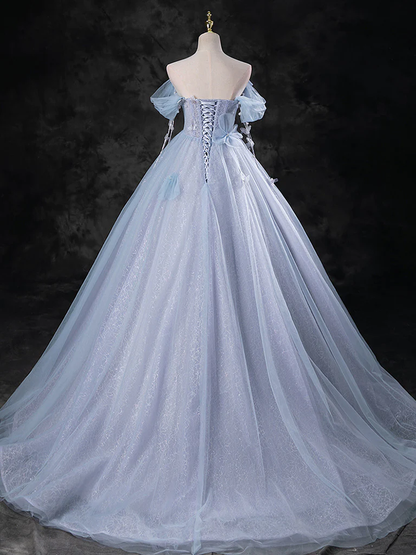Robe de soirée longue trapèze bleu gris en tulle avec col bustier et épaules dénudées P632
