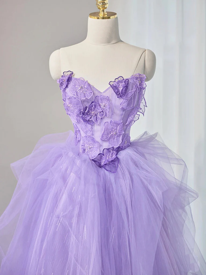 Robe de bal longue lilas A-Line en tulle avec applications de dentelle et col cœur P633