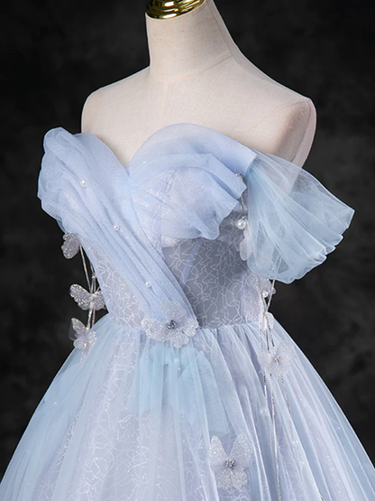 Robe de soirée longue trapèze bleu gris en tulle avec col bustier et épaules dénudées P632