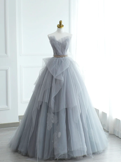 Robe de soirée longue grise sans bretelles en tulle et dentelle pour bal de promo P673